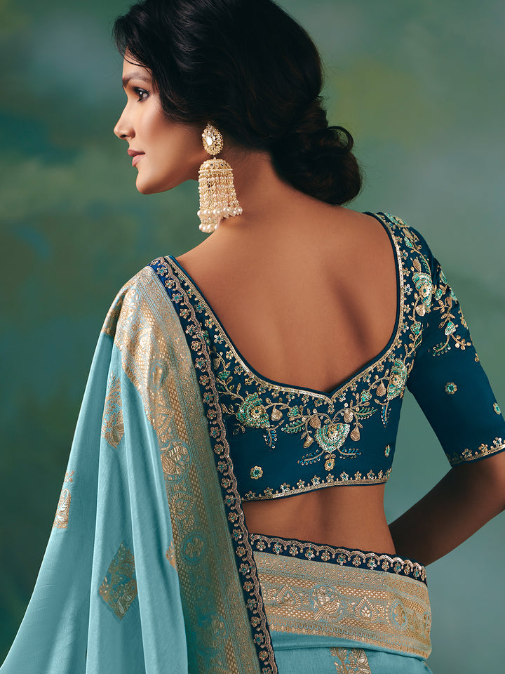 Sky Blue Dola Silk Saree with Zari Weaving and Sequin Embroidery | Festive & Wedding Wear