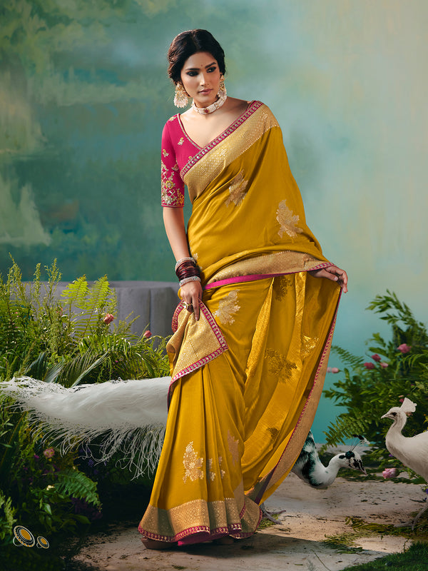 Yellow Dola Viscose Silk Saree with Pink Designer Blouse | Zari Weaving & Sequin Work