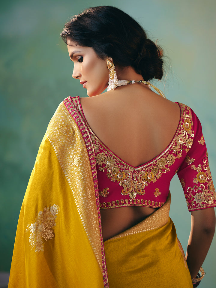 Yellow Dola Viscose Silk Saree with Pink Designer Blouse | Zari Weaving & Sequin Work