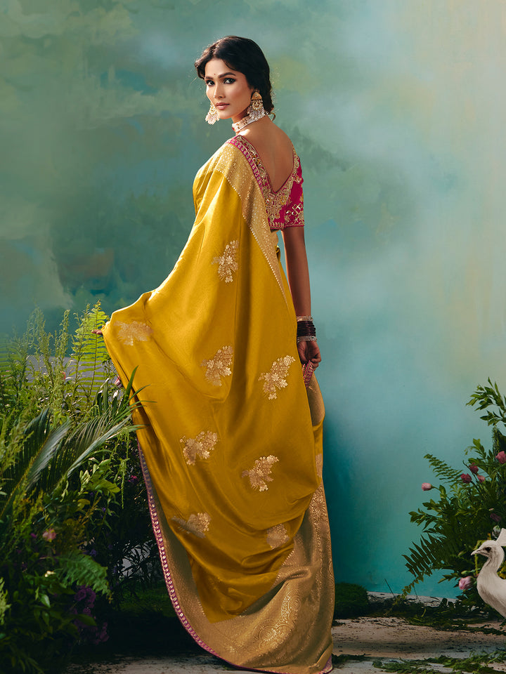 Yellow Dola Viscose Silk Saree with Pink Designer Blouse | Zari Weaving & Sequin Work