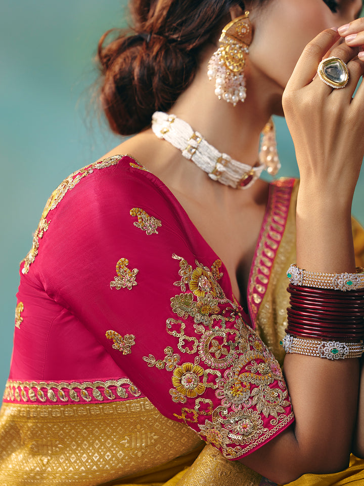 Yellow Dola Viscose Silk Saree with Pink Designer Blouse | Zari Weaving & Sequin Work