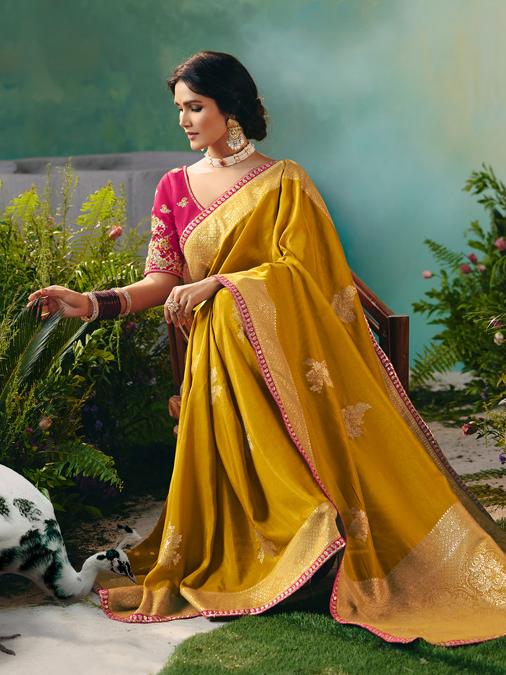 Yellow Dola Viscose Silk Saree with Pink Designer Blouse | Zari Weaving & Sequin Work