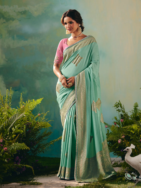 Pista Green Dola Viscose Silk Saree | Zari Weaving & Sequin Work | Contrast Pink Blouse | Festive Wedding Wear