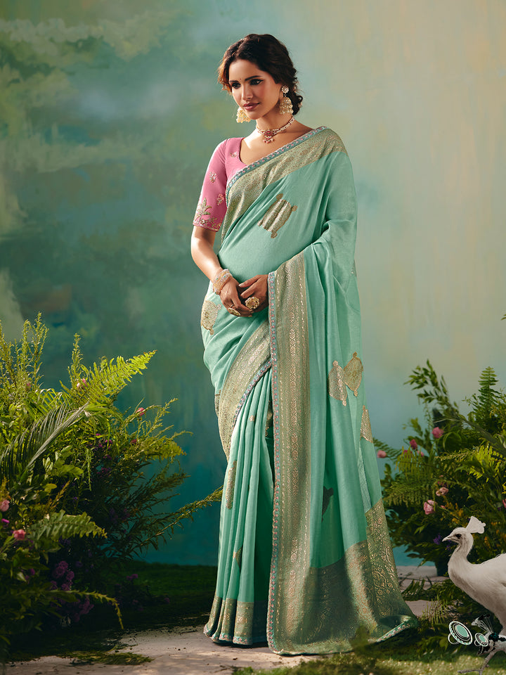 Pista Green Dola Viscose Silk Saree | Zari Weaving & Sequin Work | Contrast Pink Blouse | Festive Wedding Wear