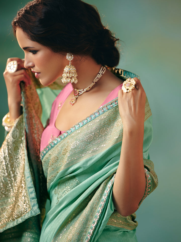 Pista Green Dola Viscose Silk Saree | Zari Weaving & Sequin Work | Contrast Pink Blouse | Festive Wedding Wear