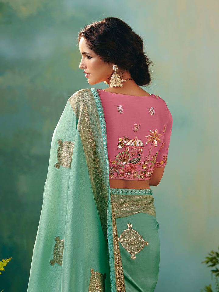 Pista Green Dola Viscose Silk Saree | Zari Weaving & Sequin Work | Contrast Pink Blouse | Festive Wedding Wear