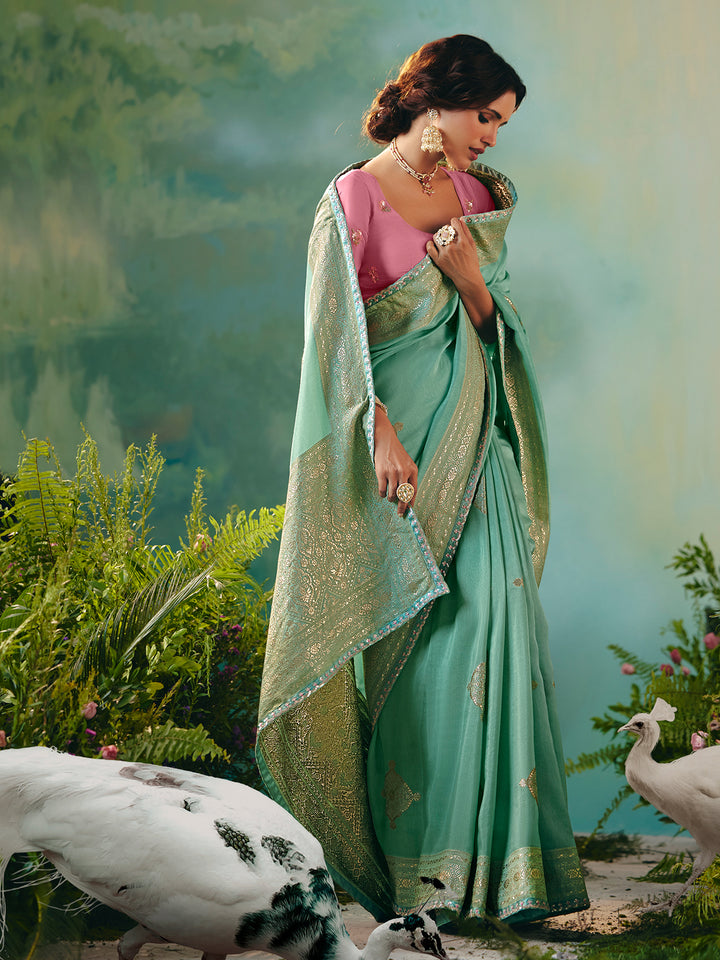 Pista Green Dola Viscose Silk Saree | Zari Weaving & Sequin Work | Contrast Pink Blouse | Festive Wedding Wear