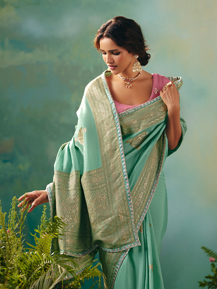 Pista Green Dola Viscose Silk Saree | Zari Weaving & Sequin Work | Contrast Pink Blouse | Festive Wedding Wear