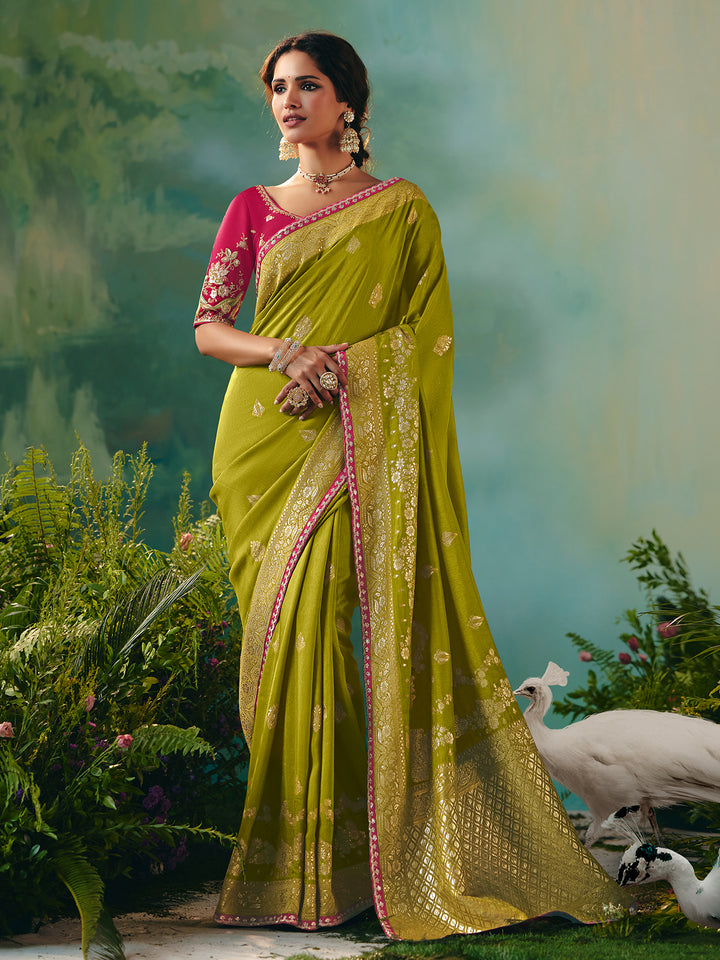 Green Dola Viscose Silk Saree with Zari Weaving & Sequin Work | Pink Designer Blouse | Festive Wedding Wear