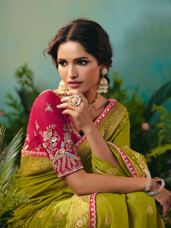 Green Dola Viscose Silk Saree with Zari Weaving & Sequin Work | Pink Designer Blouse | Festive Wedding Wear