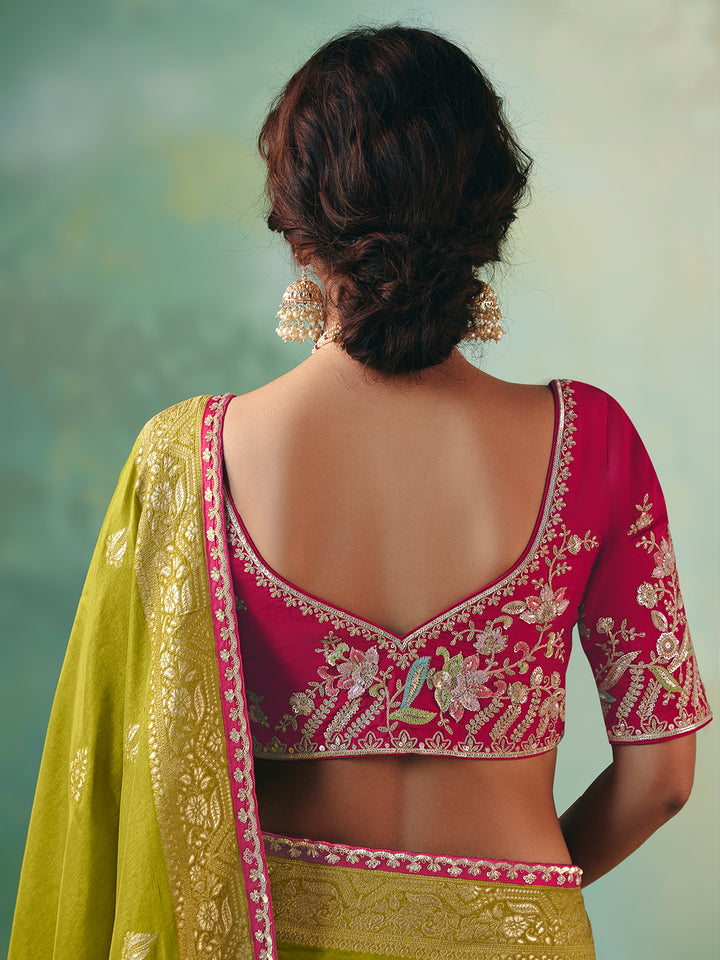 Green Dola Viscose Silk Saree with Zari Weaving & Sequin Work | Pink Designer Blouse | Festive Wedding Wear