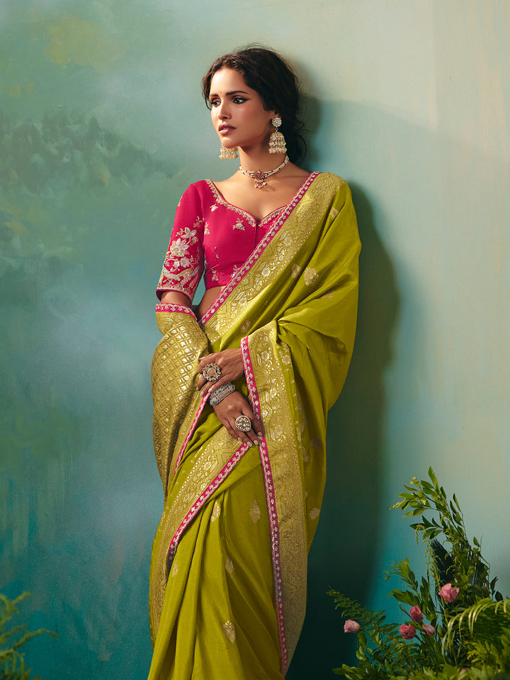 Green Dola Viscose Silk Saree with Zari Weaving & Sequin Work | Pink Designer Blouse | Festive Wedding Wear