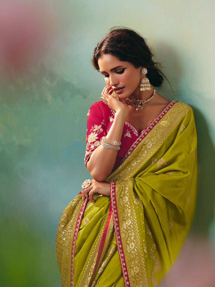 Green Dola Viscose Silk Saree with Zari Weaving & Sequin Work | Pink Designer Blouse | Festive Wedding Wear