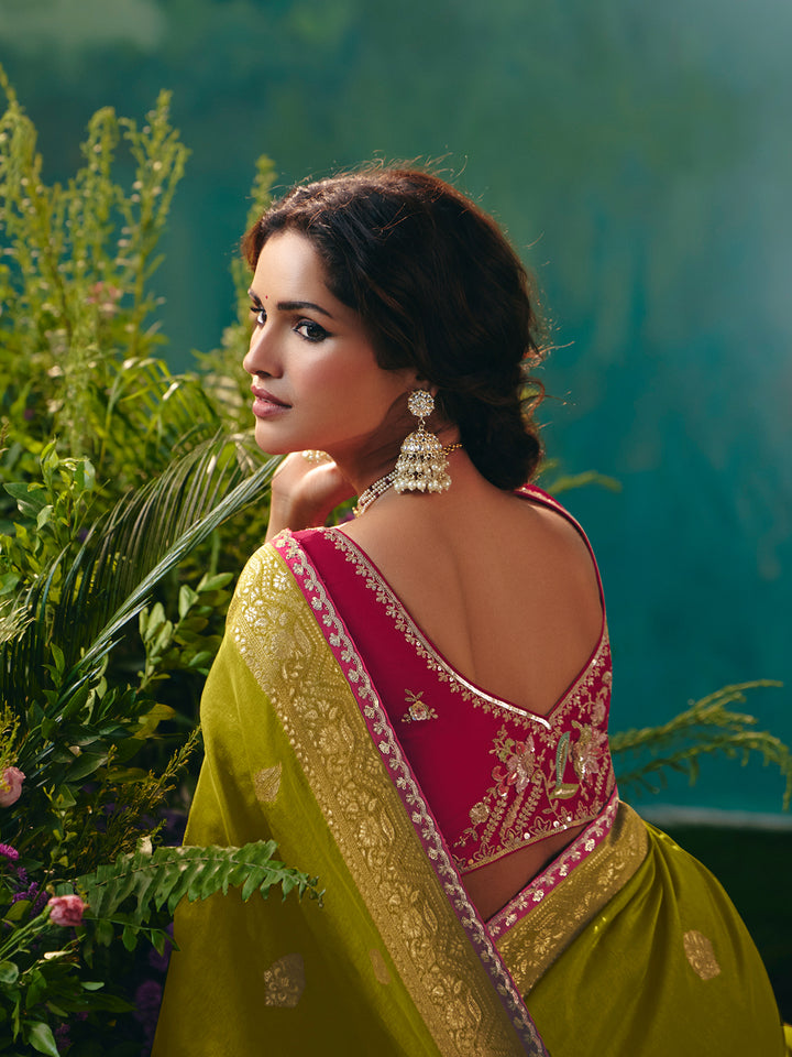 Green Dola Viscose Silk Saree with Zari Weaving & Sequin Work | Pink Designer Blouse | Festive Wedding Wear