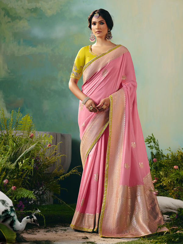 Light Pink Dola Viscose Silk Saree with Zari Weaving & Sequin Work