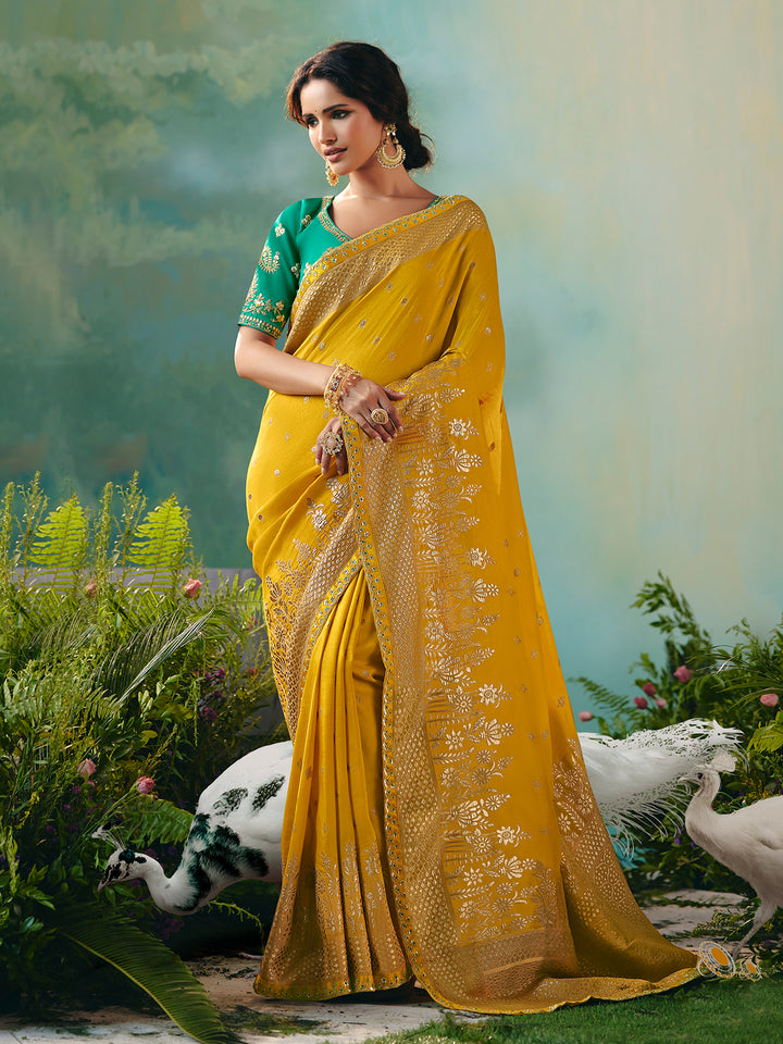 Yellow Dola Viscose Silk Saree with Green Designer Blouse: Festive & Wedding Wear