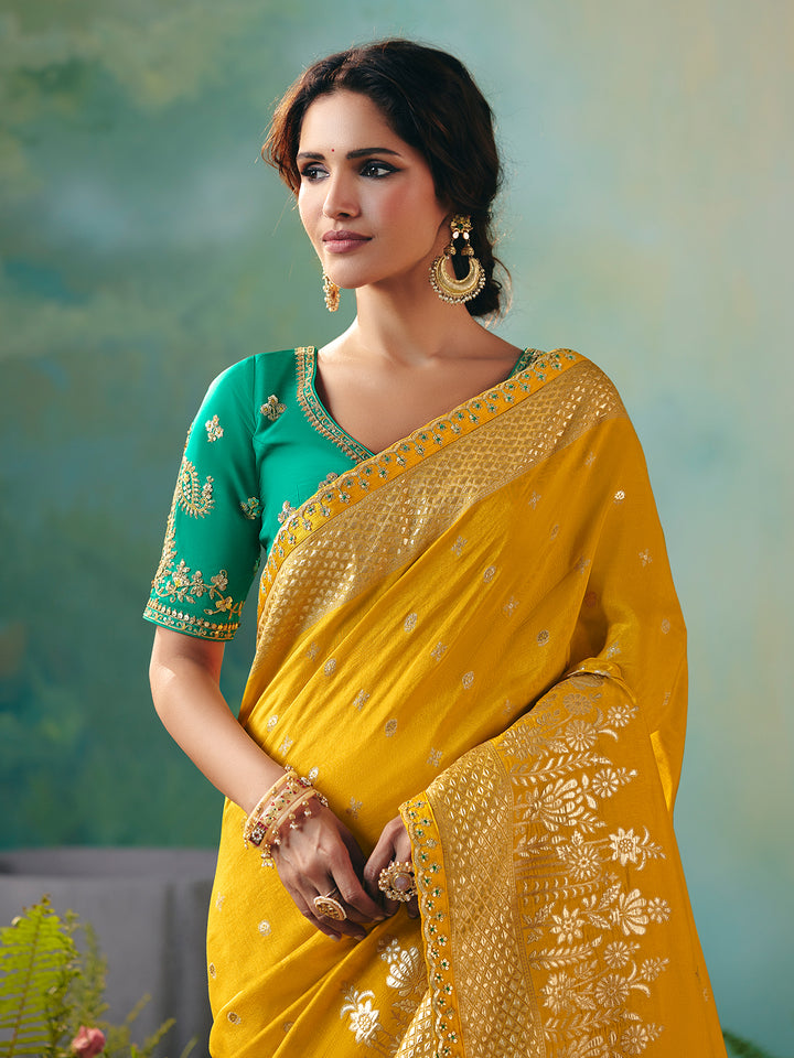 Yellow Dola Viscose Silk Saree with Green Designer Blouse: Festive & Wedding Wear