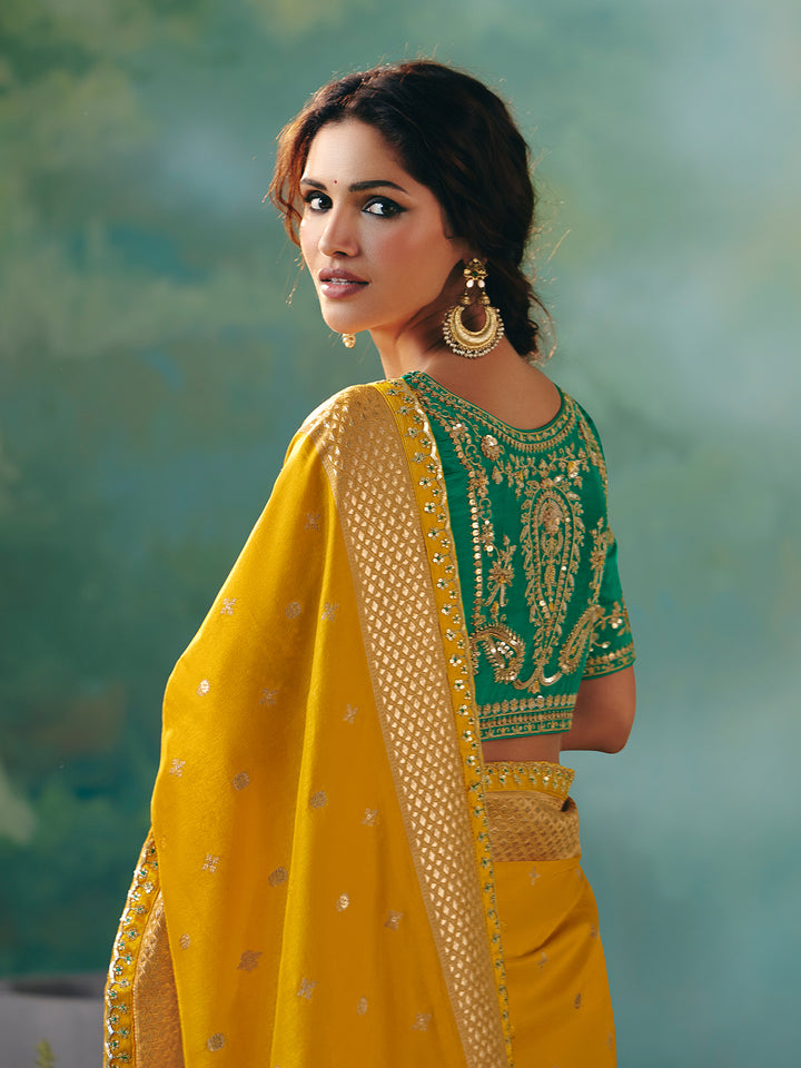 Yellow Dola Viscose Silk Saree with Green Designer Blouse: Festive & Wedding Wear
