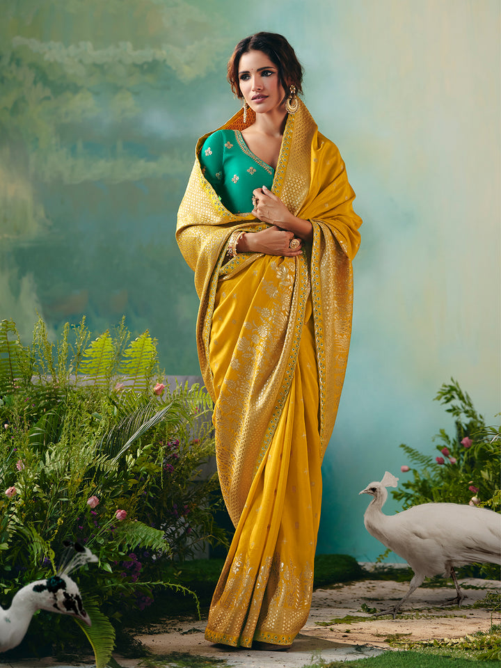 Yellow Dola Viscose Silk Saree with Green Designer Blouse: Festive & Wedding Wear