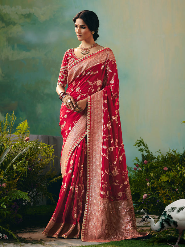 Red Dola Viscose Silk Saree with Zari Weaving and Sequence Work | Festive Red Saree for Wedding Red Dola Silk Saree with Zari Work and Sequins | Wedding & Festive Wear Collection