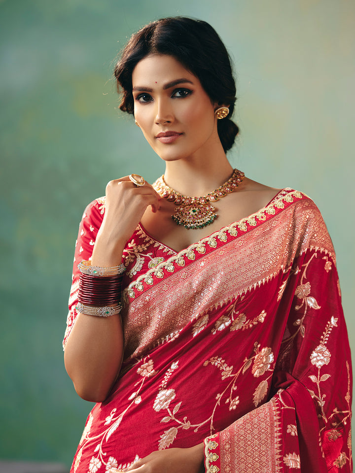Red Dola Viscose Silk Saree with Zari Weaving and Sequence Work | Festive Red Saree for Wedding Red Dola Silk Saree with Zari Work and Sequins | Wedding & Festive Wear Collection