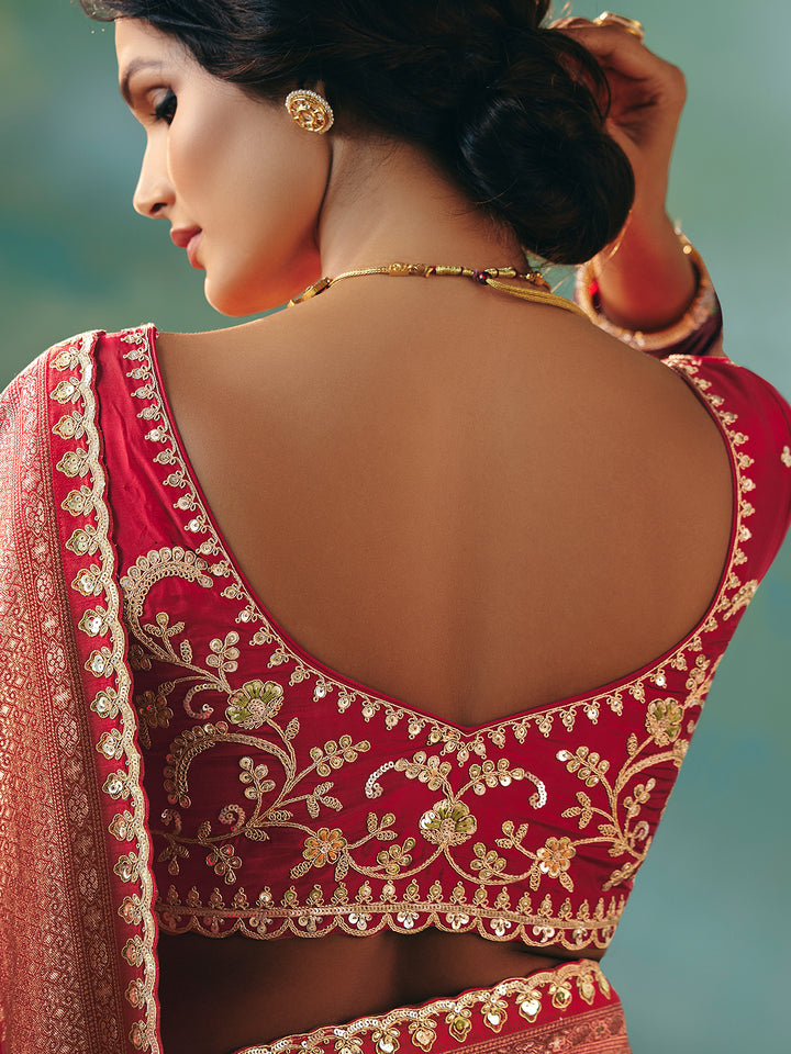 Red Dola Viscose Silk Saree with Zari Weaving and Sequence Work | Festive Red Saree for Wedding Red Dola Silk Saree with Zari Work and Sequins | Wedding & Festive Wear Collection