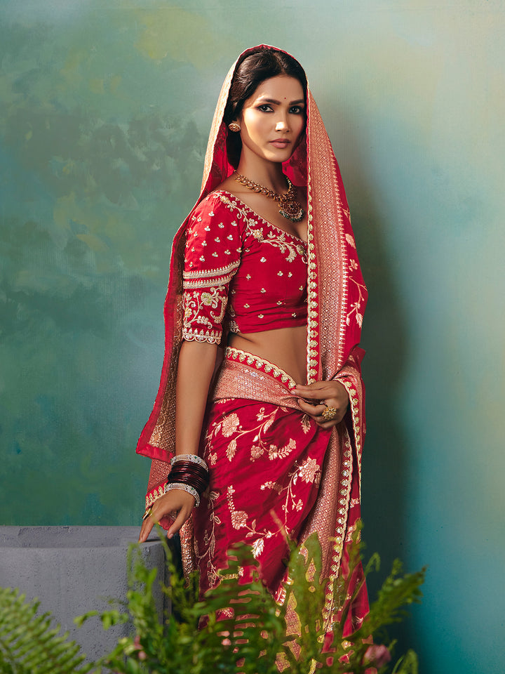 Red Dola Viscose Silk Saree with Zari Weaving and Sequence Work | Festive Red Saree for Wedding Red Dola Silk Saree with Zari Work and Sequins | Wedding & Festive Wear Collection