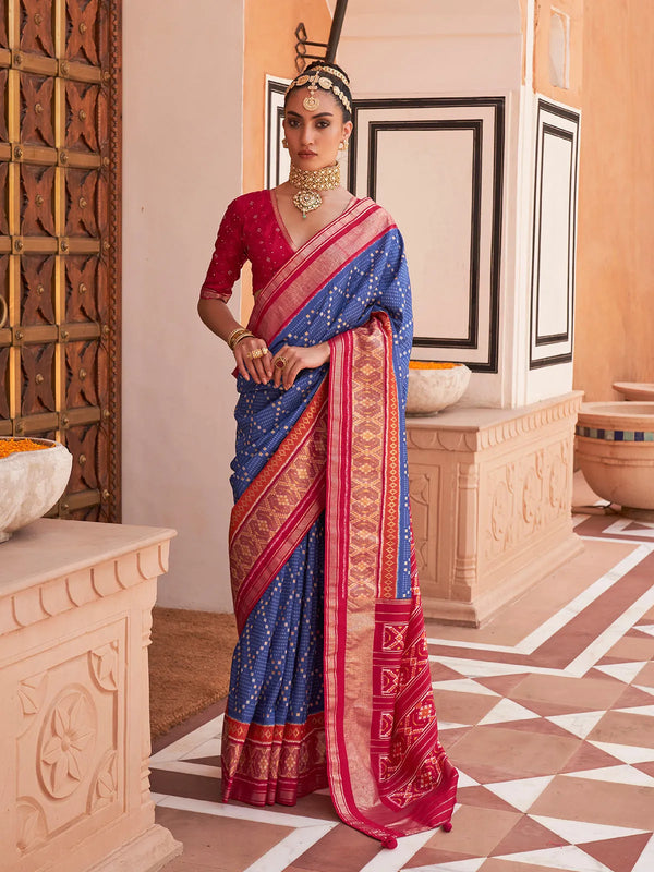 Blue & Red Traditional Patola Silk Saree for Festive Wear