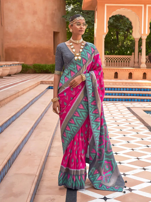 Pink And Grey Traditional Patola Silk Saree for Festive Wear