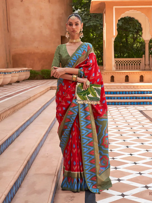 Red And Green Traditional Patola Silk Saree for Festive Wear