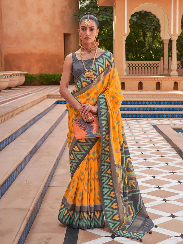 Yellow And Grey Traditional Patola Silk Saree for Festive Wear