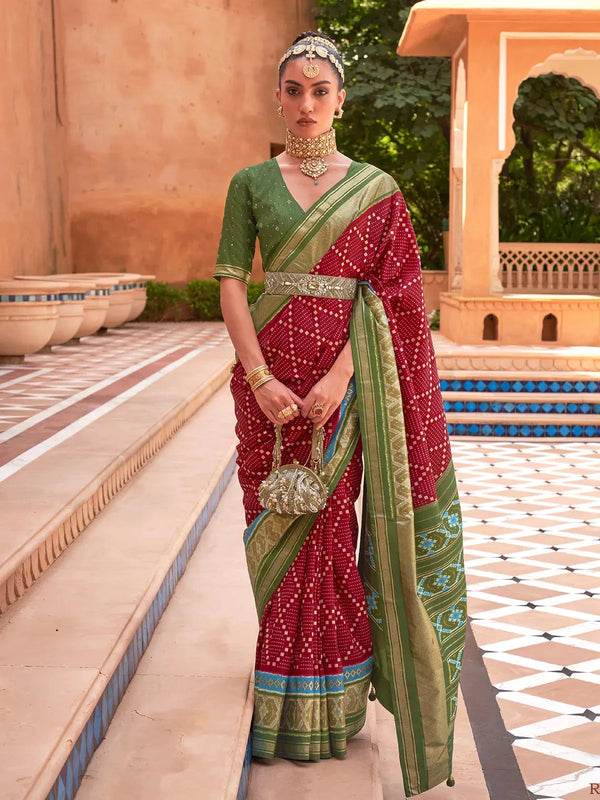 Red And Green Traditional Patola Silk Saree for Festive Wear