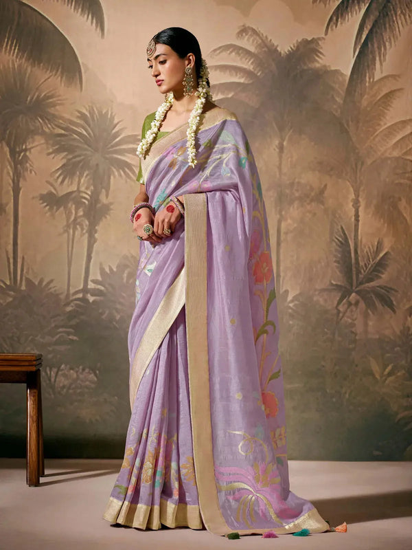 Lavender Paithani Banarasi Silk Saree with Zari Resham Floral Motifs For Any Occasion