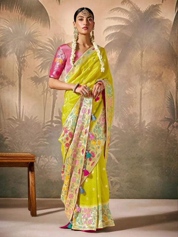 Bright Green Paithani Banarasi Silk Saree with Zari Resham Floral Motifs For Any Occasion