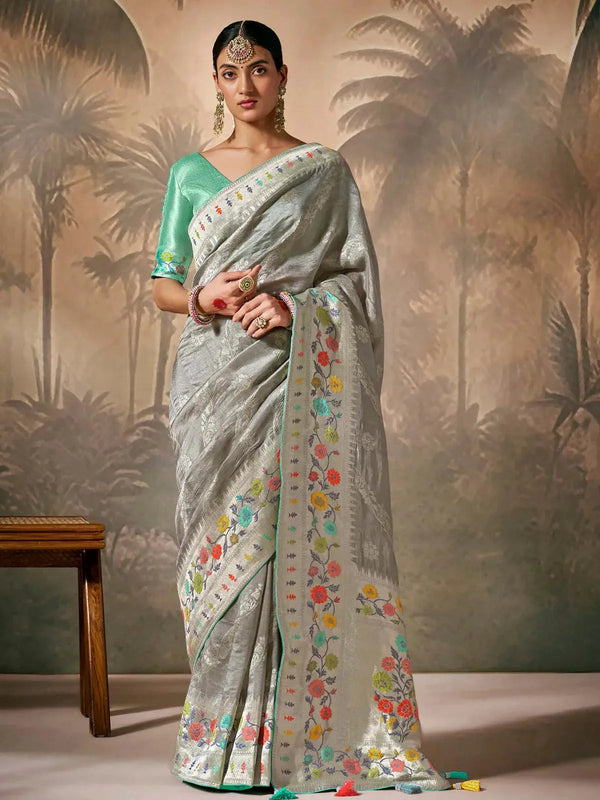 Grey Paithani Banarasi Silk Saree with Zari Resham Floral Motifs For Any Occasion