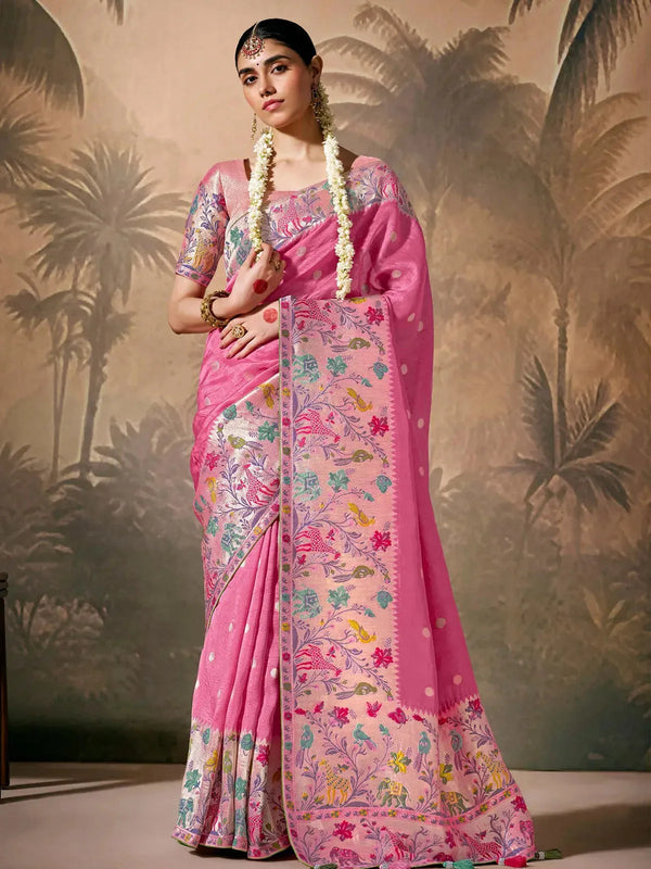 Pink Paithani Banarasi Silk Saree with Zari Resham Floral Motifs For Any Occasion