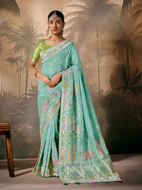 Mint green Paithani Banarasi Silk Saree with Zari Resham Floral Motifs For Any Occasion