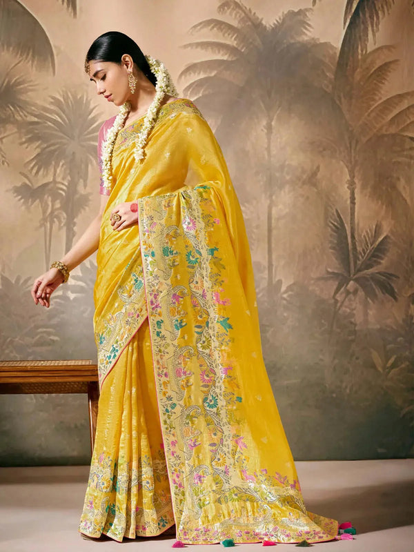 Yellow Paithani Banarasi Silk Saree with Zari Resham Floral Motifs For Any Occasion