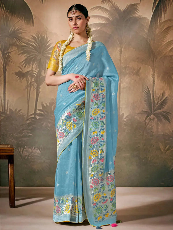 Sky Blue Paithani Banarasi Silk Saree with Zari Resham Floral Motifs For Any Occasion