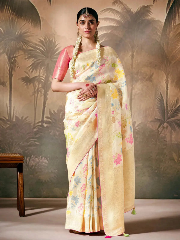 Off-White Paithani Banarasi Silk Saree with Zari Resham Floral Motifs For Any Occasion