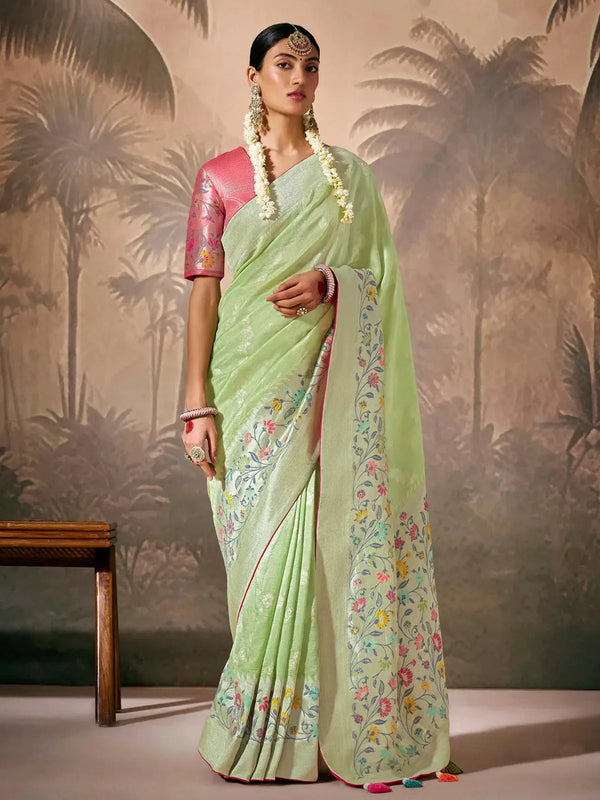 Pista Green Paithani Banarasi Silk Saree with Zari Resham Floral Motifs For Any Occasion