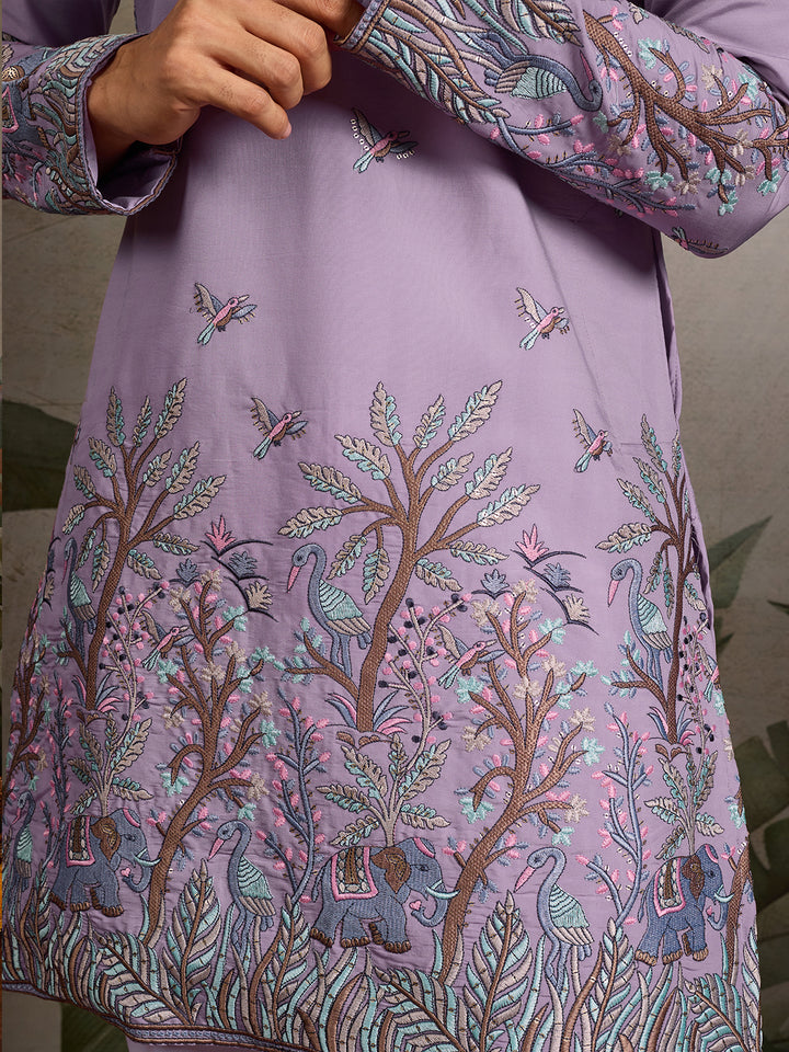 Men’s Lavender Viscose Silk Kurta with Thread & Sequin Embroidery