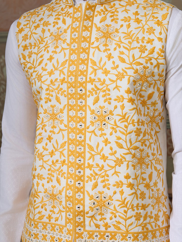 Yellow Silk Koti with Mirror & Thread Sequin Embroidery over White Kurta Set – Men’s Occasion Wear