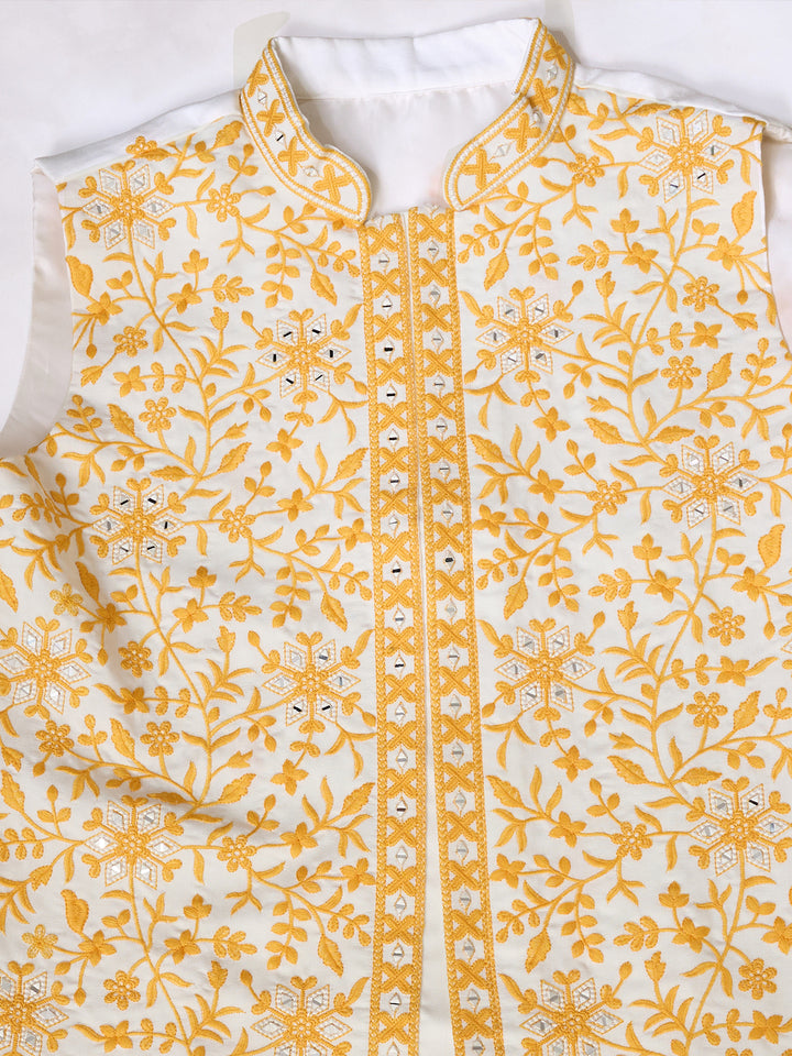 Yellow Silk Koti with Mirror & Thread Sequin Embroidery over White Kurta Set – Men’s Occasion Wear
