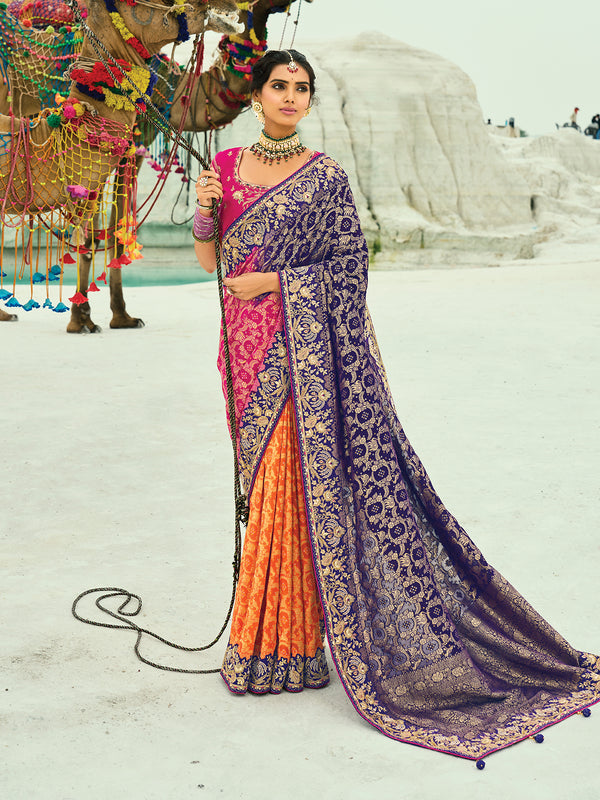 Designer Georgette Bandhej Saree in Purple & Rani