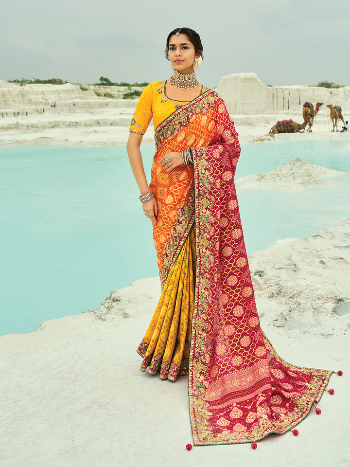 Designer Georgette Bandhej Saree with Moti & Cut-Dana Hand Work Border in Red, Mustard & Orange | Yellow Blouse Included – Occasion Wear Saree
