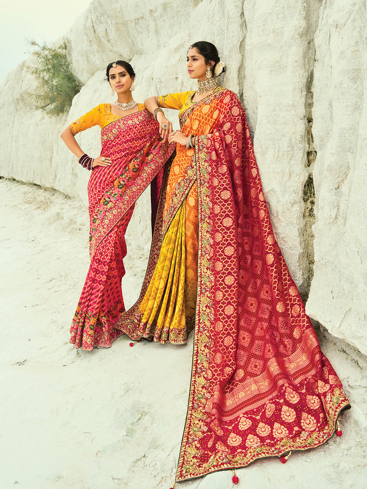 Designer Georgette Bandhej Saree with Moti & Cut-Dana Hand Work Border in Red, Mustard & Orange | Yellow Blouse Included – Occasion Wear Saree