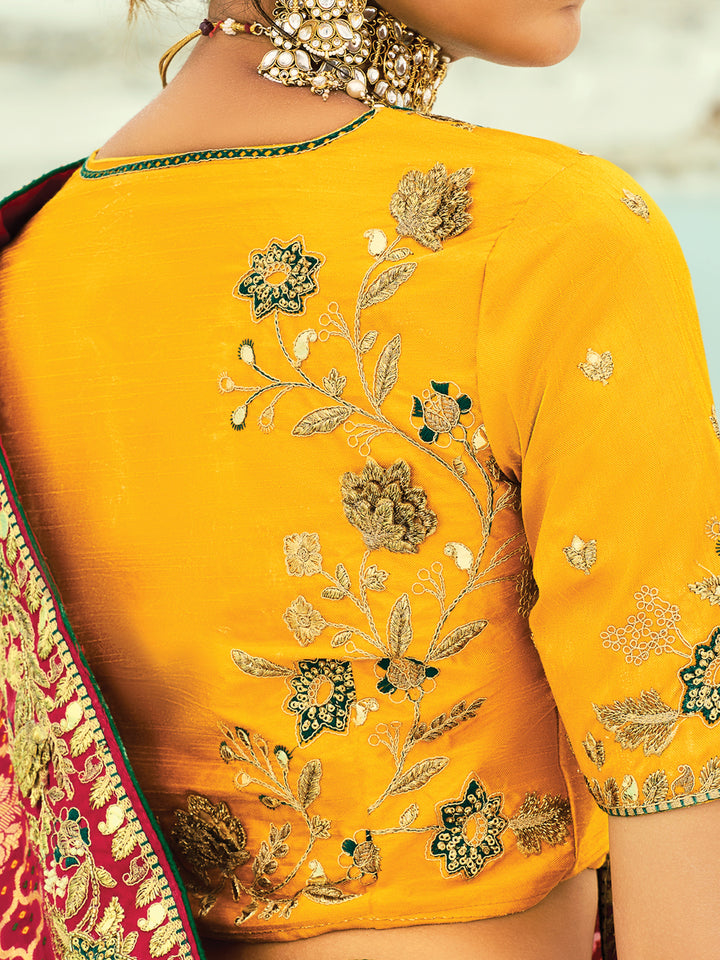 Designer Georgette Bandhej Saree with Moti & Cut-Dana Hand Work Border in Red, Mustard & Orange | Yellow Blouse Included – Occasion Wear Saree