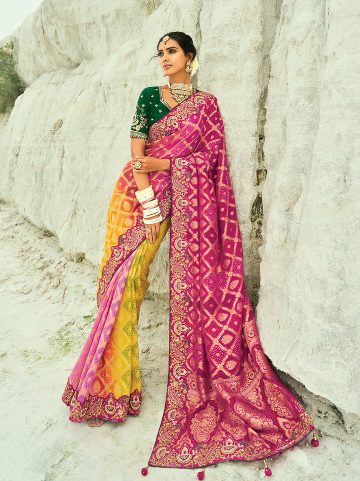 Designer Georgette Bandhej Saree with Moti & Cut-Dana Handwork Border in Rani, Yellow & Pink – Occasion Wear with Green Blouse