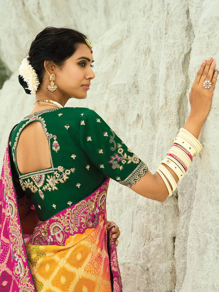 Designer Georgette Bandhej Saree with Moti & Cut-Dana Handwork Border in Rani, Yellow & Pink – Occasion Wear with Green Blouse